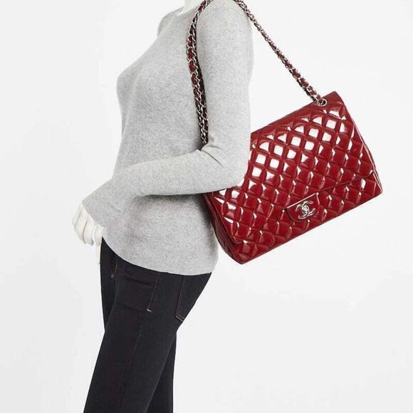 Chanel Red Quilted Patent Leather Classic Maxi Double Flap Bag - Picture 9 of 11